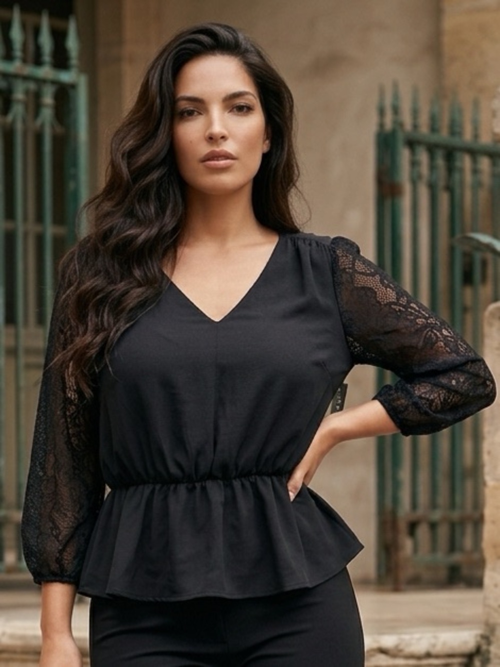 Attention Black Solid Peplum V-Neck 3/4 Sleeve Lace Blouse M